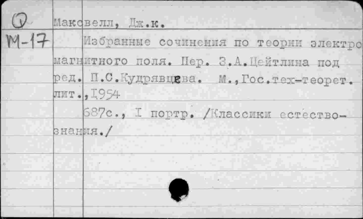 ﻿о	Макс	:	1 в в л л у	• к •
М-Р		Избранные сочинения по теории электро
	г;	итного поля» Пер. 3.А.Цейтлина под
	ред.	П.С. 'Судрявцв ш. И., Гос.тех-теорет.
	лит.	,1954
		387с., I портр. /классики.естество-
	знан	ия. /
		
		
		
		
		